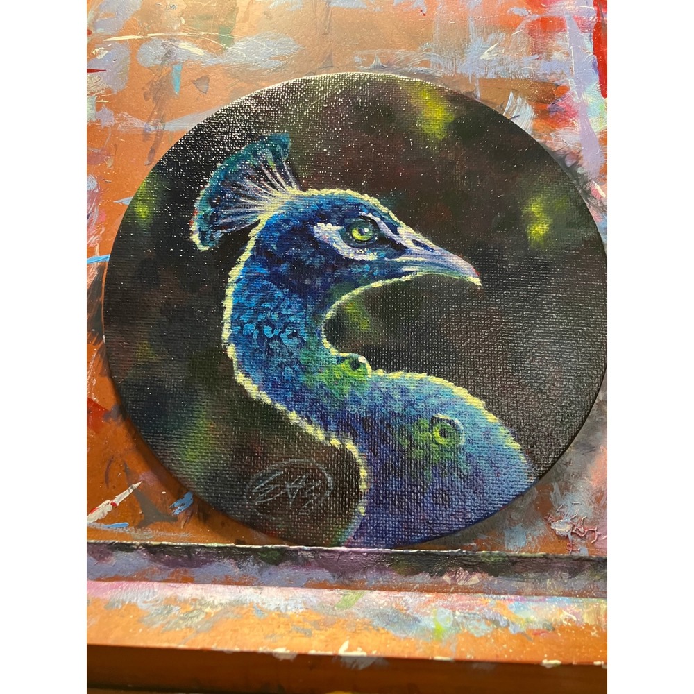 Original Peacock painting bird art surrealism Round realism Artettina